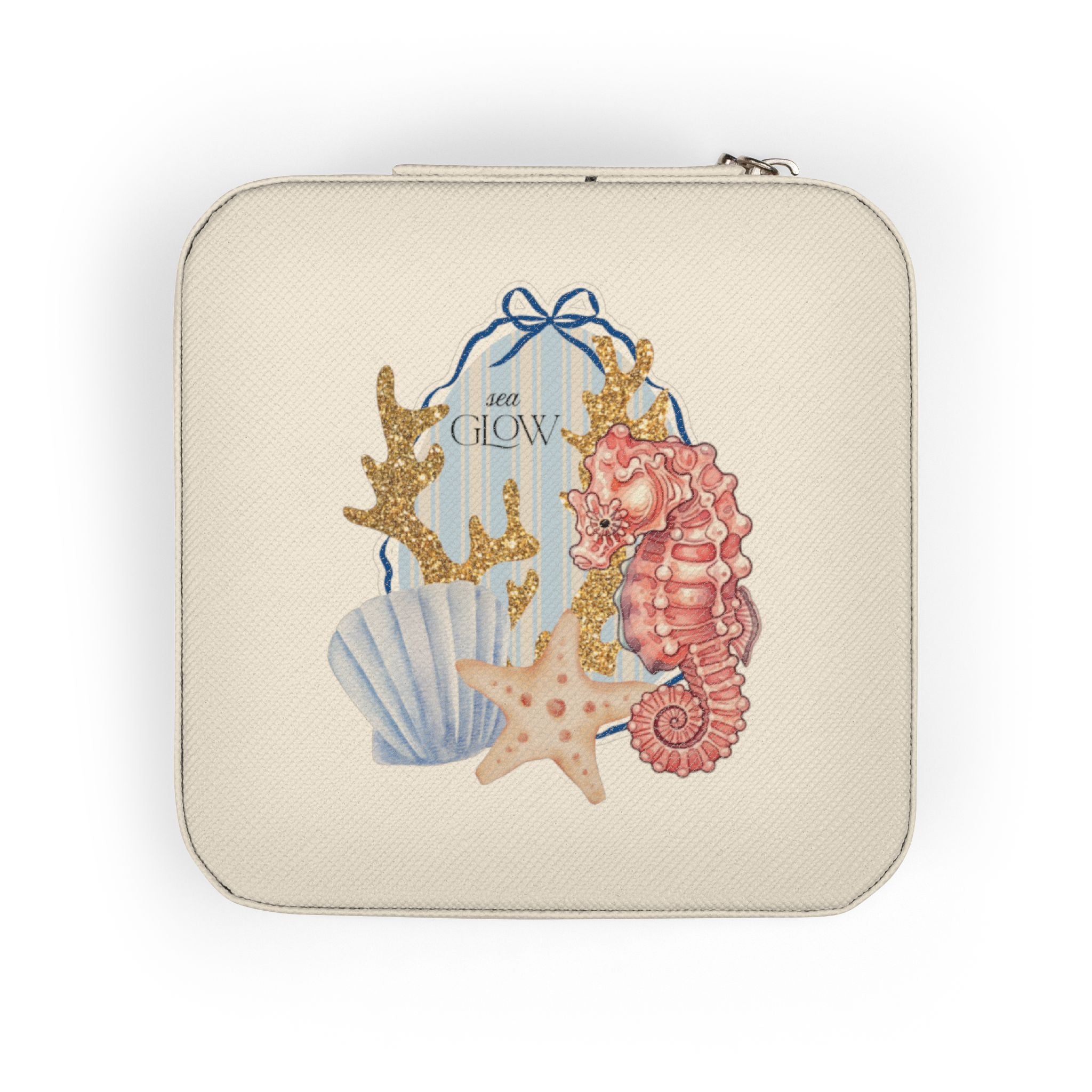 Seashell & Seahorse Jewelry Travel Case — Compact Organizer for Rings, Earrings, and Necklaces