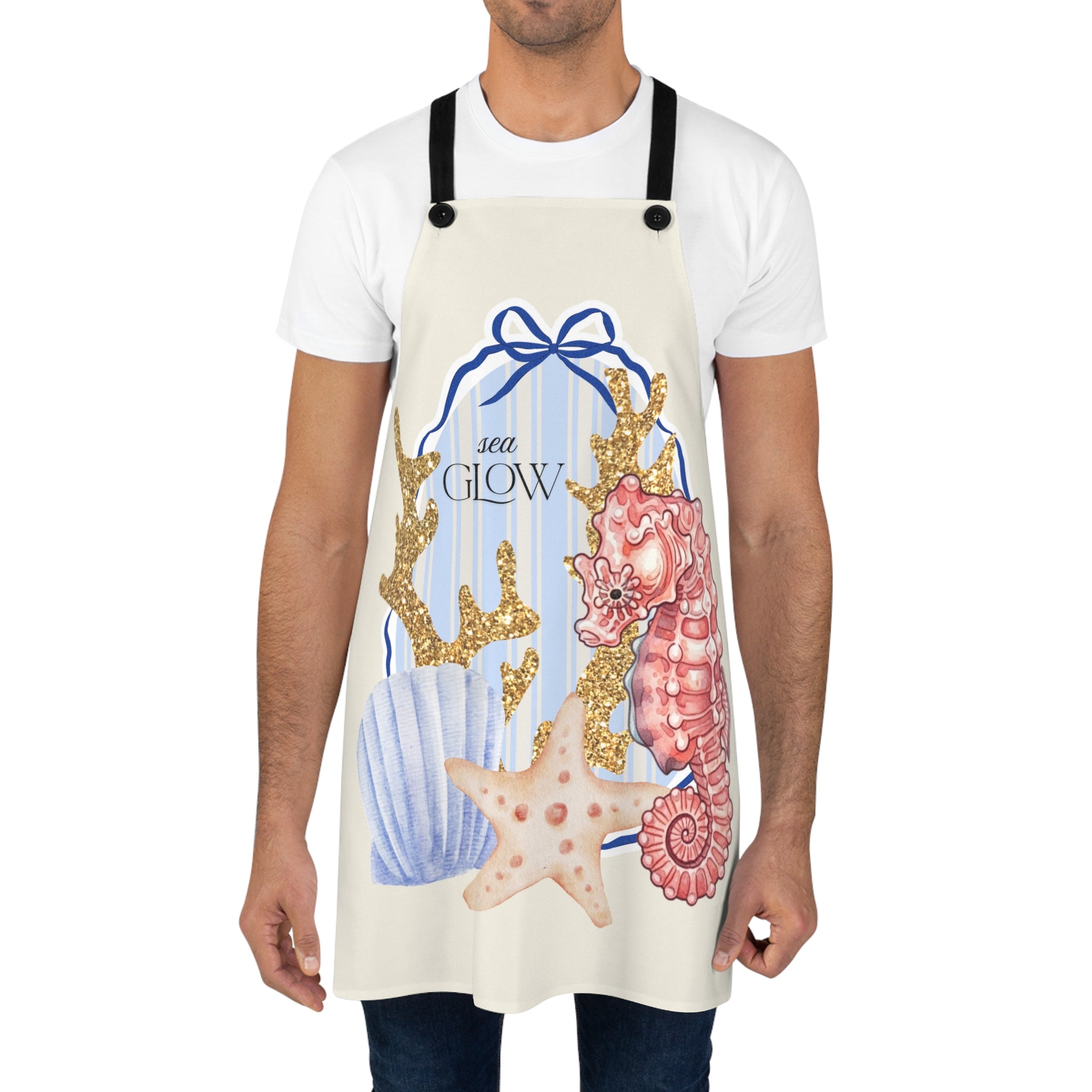 Sea Glow Seahorse Apron - Coastal Kitchen Apron with Shells & Starfish Design