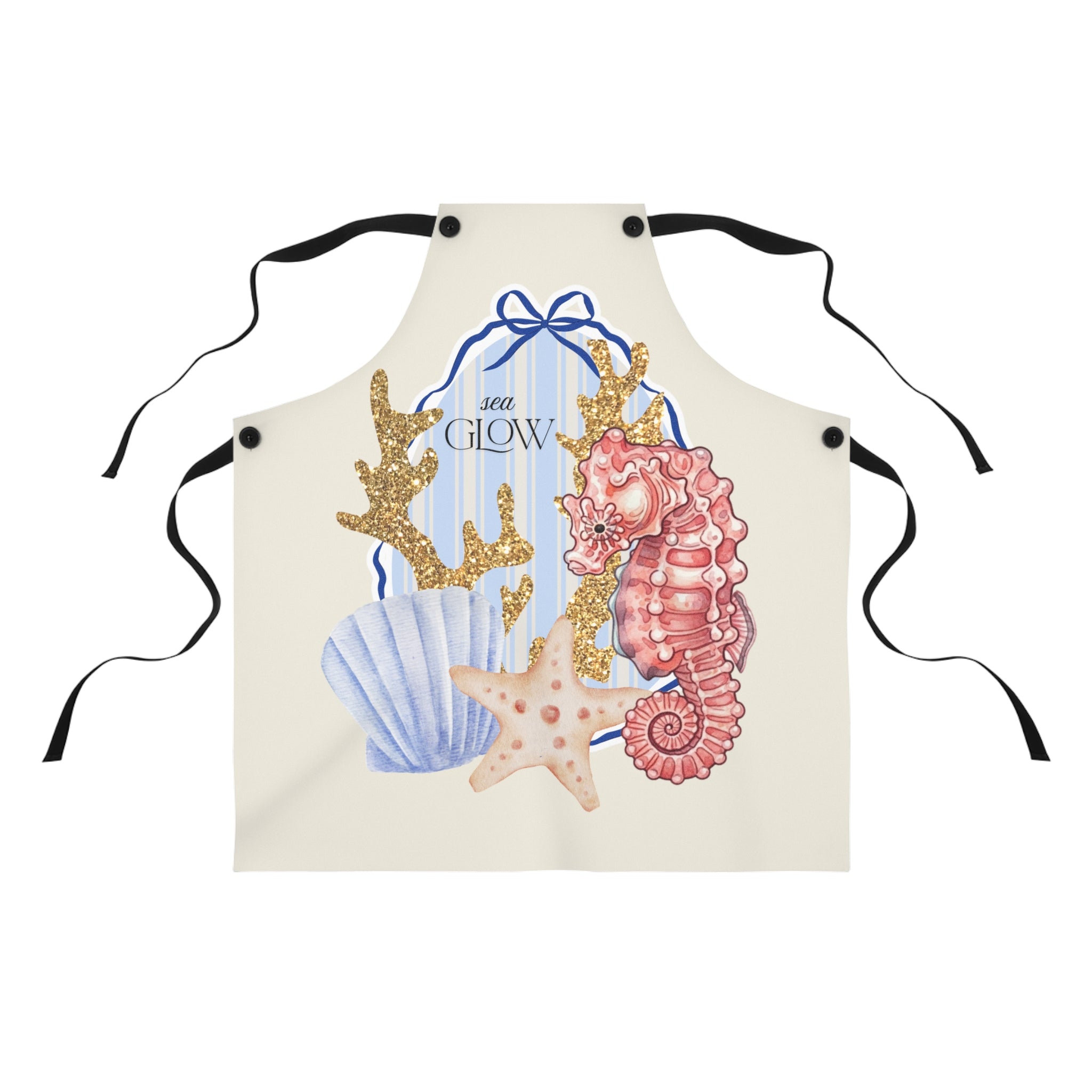 Sea Glow Seahorse Apron - Coastal Kitchen Apron with Shells & Starfish Design
