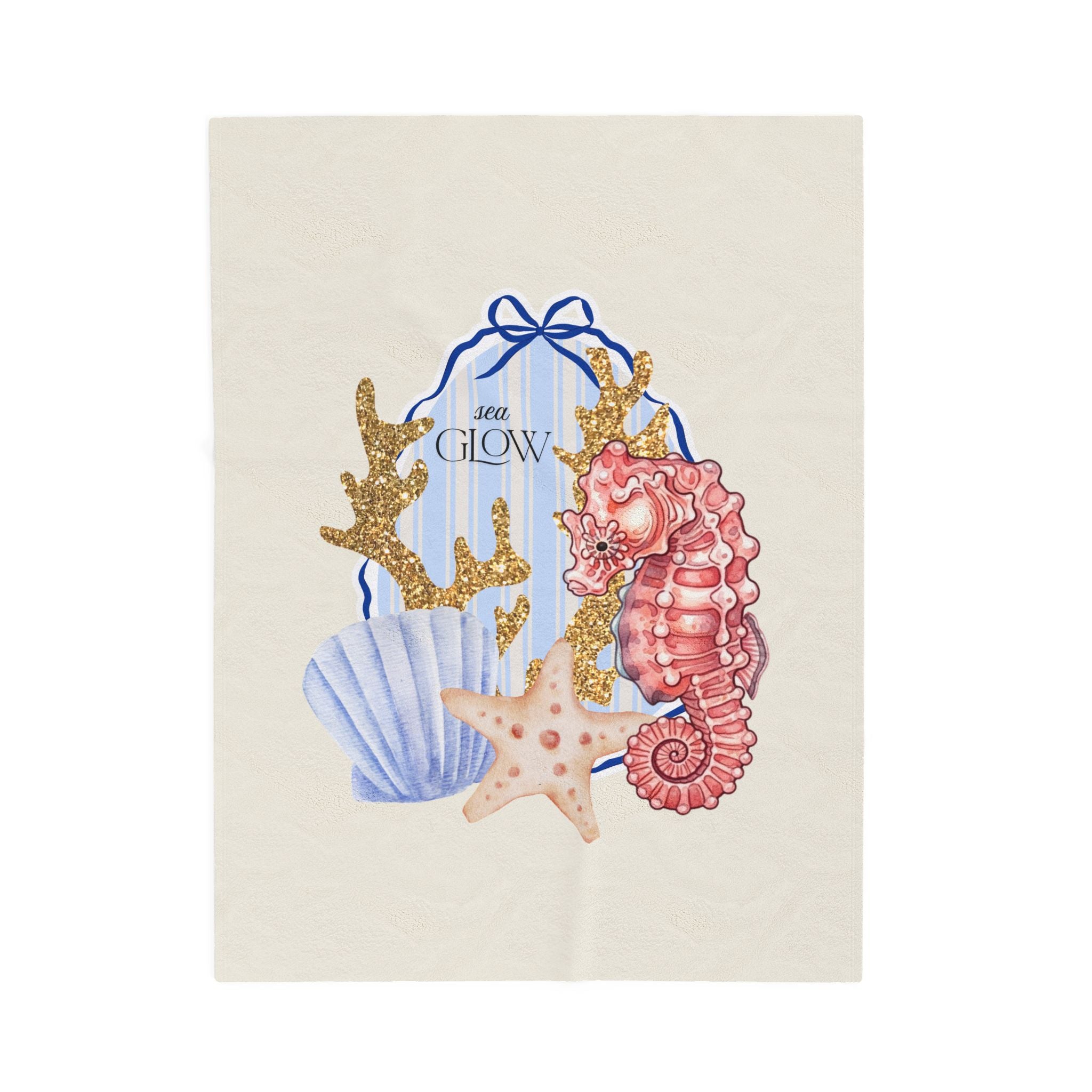Sea Glow Velveteen Plush Blanket - Seahorse & Shell Coastal Throw