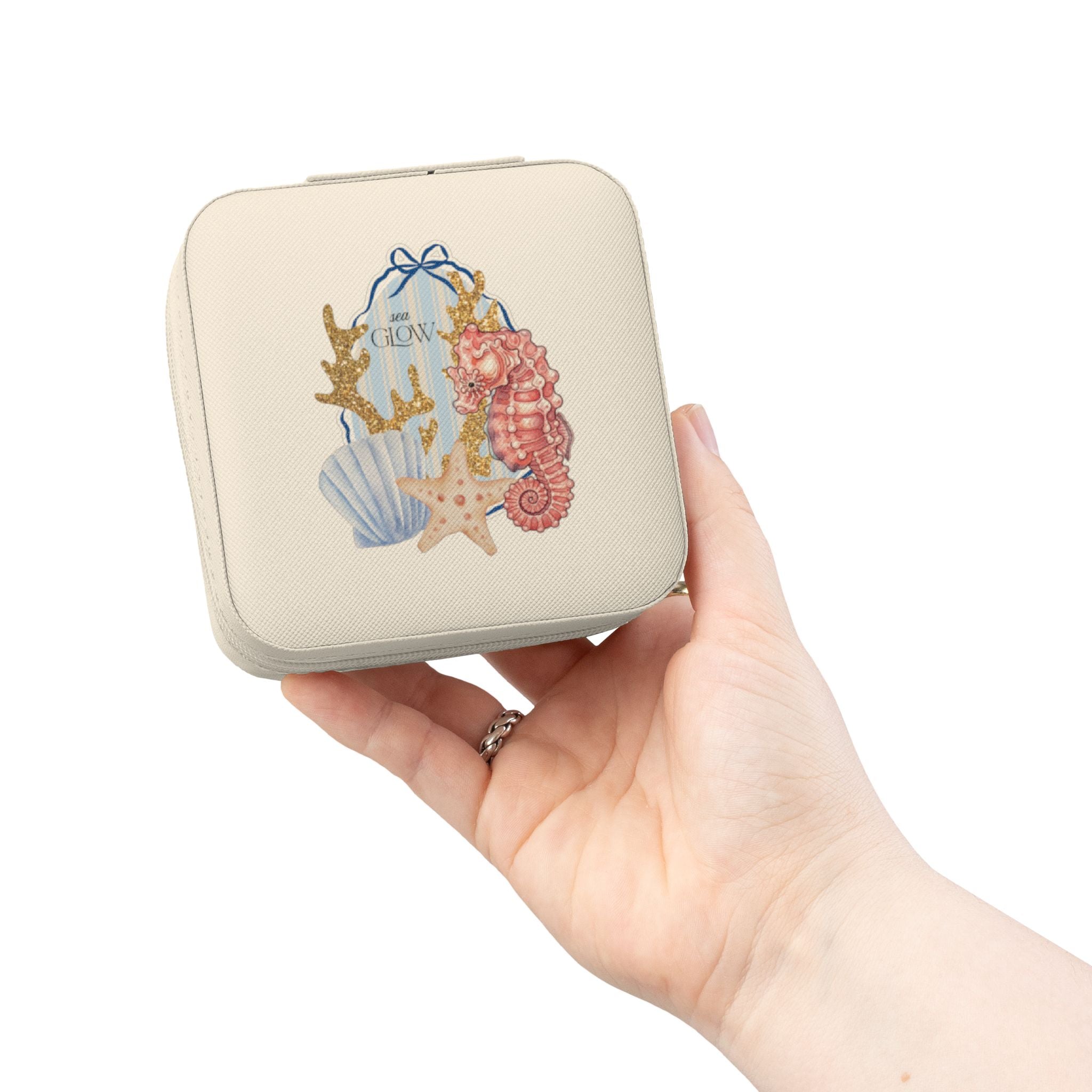Seashell & Seahorse Jewelry Travel Case — Compact Organizer for Rings, Earrings, and Necklaces