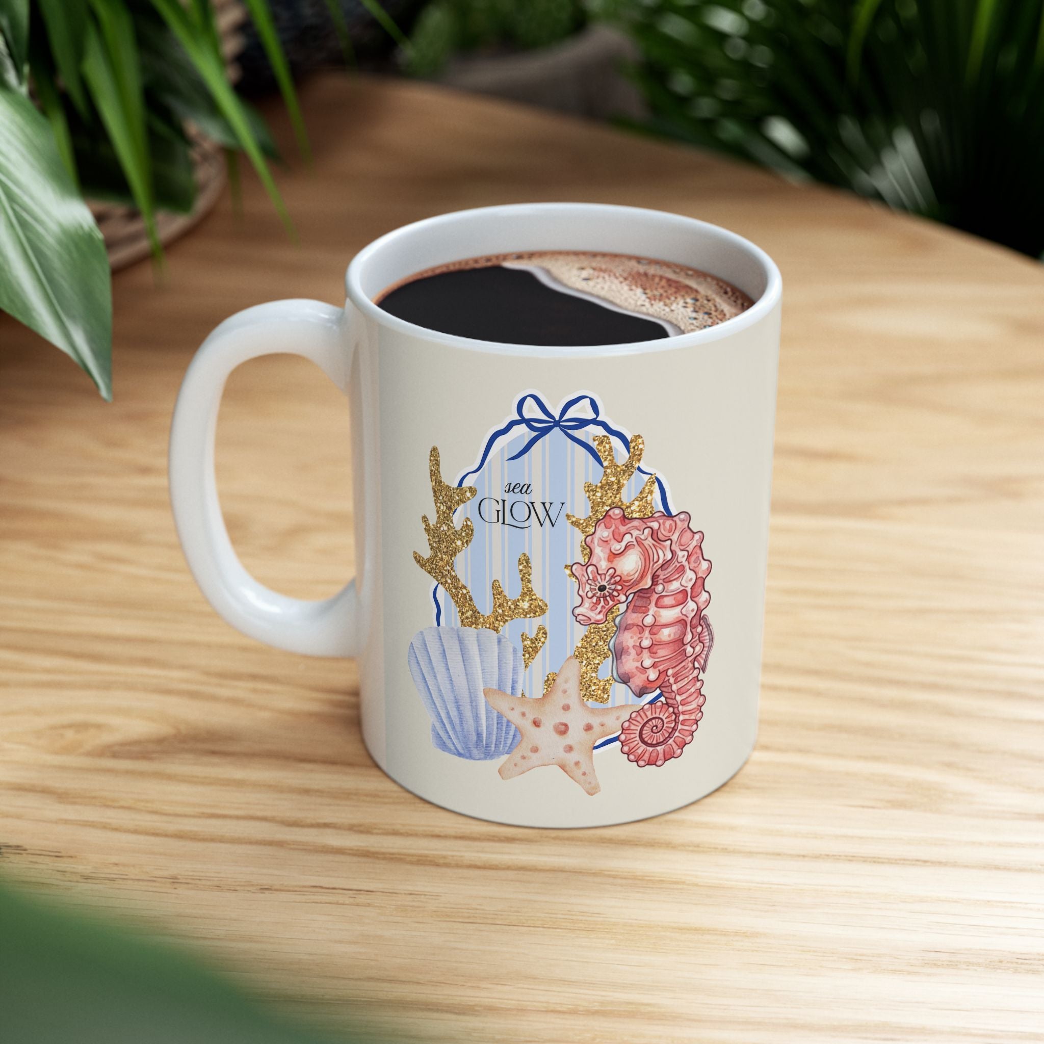 Seashell Mermaid Ceramic Mug — Ocean Coastal Nautical Coffee Cup (11oz, 15oz)