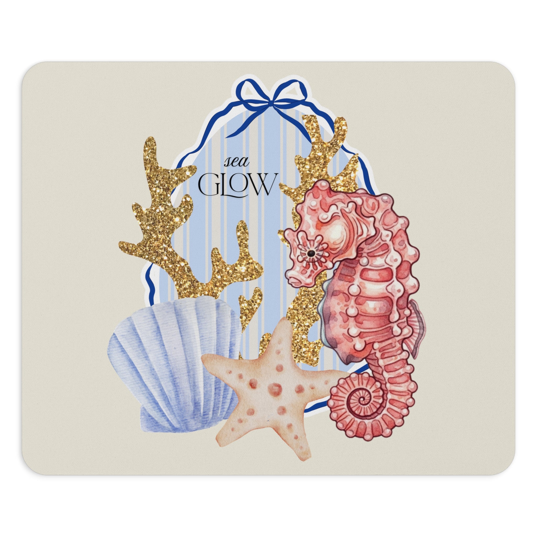 Seahorse & Seashell Mouse Pad — Coastal Beach Office Desk Mat