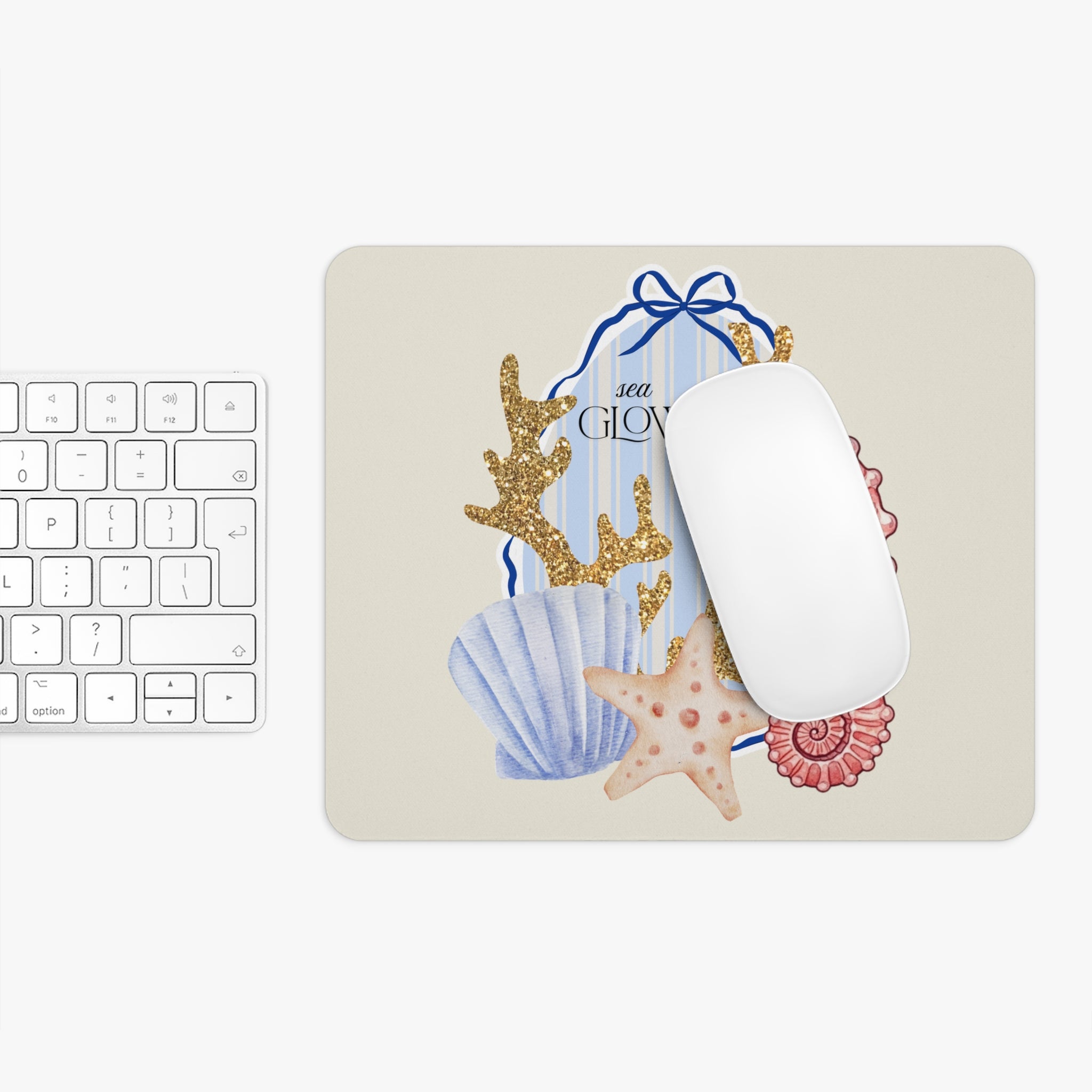 Seahorse & Seashell Mouse Pad — Coastal Beach Office Desk Mat