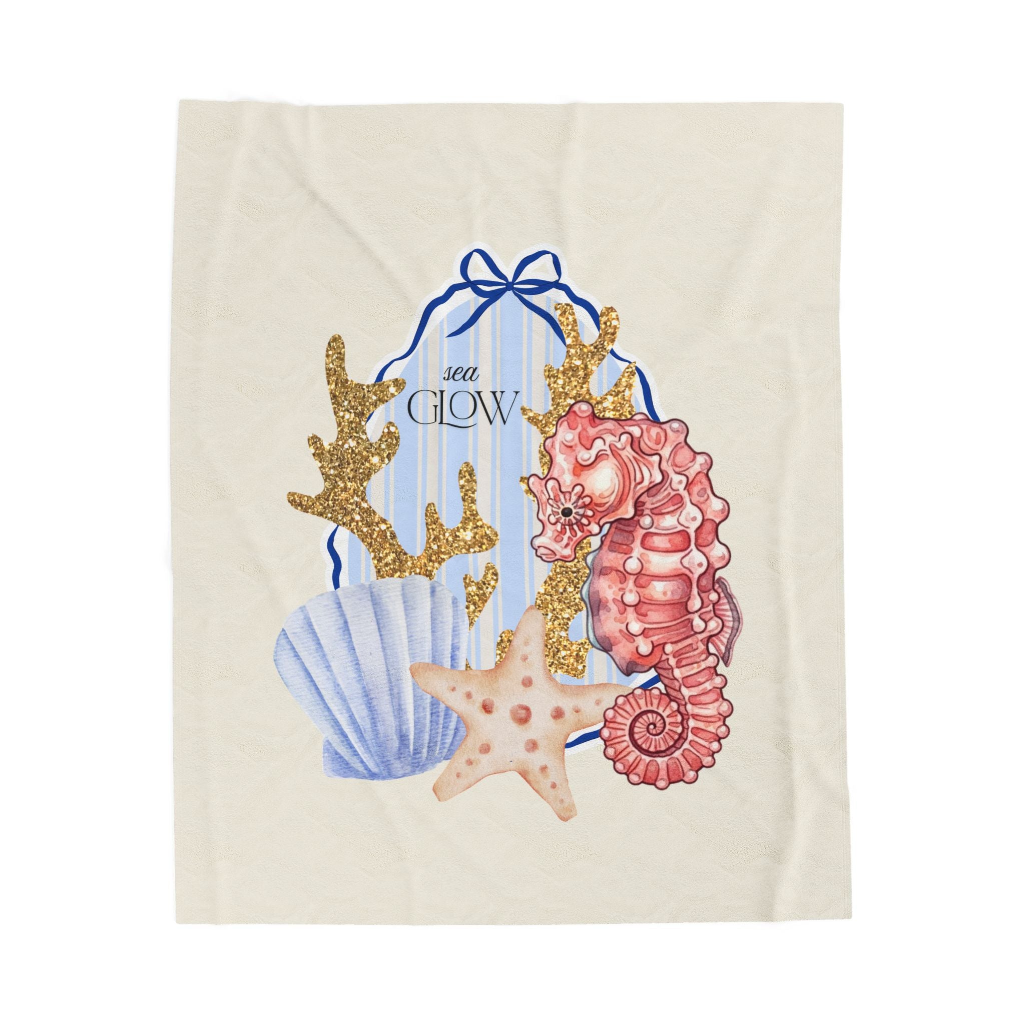 Sea Glow Velveteen Plush Blanket - Seahorse & Shell Coastal Throw